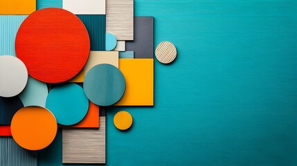 Poster - Vibrant and Minimalist Geometric Composition of Colorful Plywood Sheets Showcasing the Materials and Textures Used in Furniture Manufacturing Processes