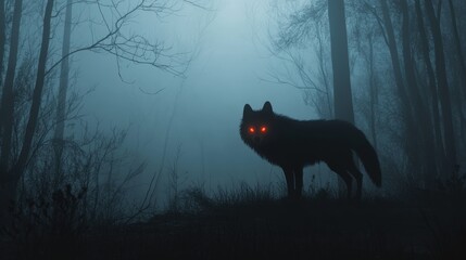 Monster beast in foggy dark forest. Halloween theme.