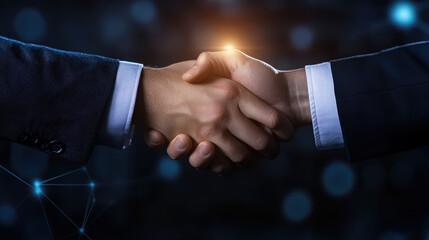 close up of two hands shaking, symbolizing partnership and agreement in professional setting. background features blurred, digital aesthetic, enhancing theme of collaboration and trust