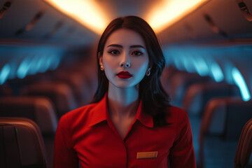 Portrait of air hostess on the plane, Selective focus beautiful cabin crew woman on the aisle.