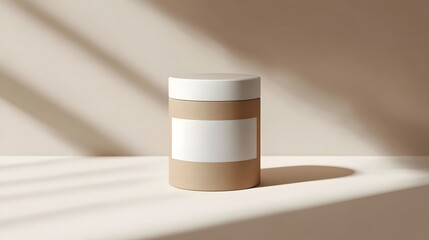 Blank mockup template of a packaging label on a small cylindrical cardboard container, with soft lighting and shadows.