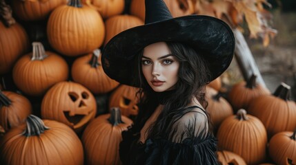 Beautiful witch with pumpkin. Halloween theme.