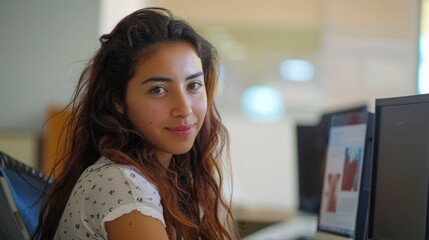 Professional business woman learning and writing financial report by using computer while sitting at modern office. Attractive smart female leader looking marketing strategy while typing plan. AIG51.