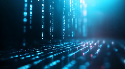 Abstract digital background with blue and pink glowing binary code.