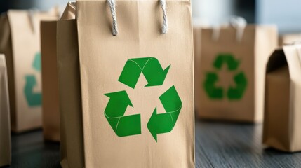 Eco-friendly paper bags featuring a green recycling symbol, promoting sustainability and responsible waste management in a modern setting.