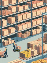 Poster - Workers are moving boxes and pallets around a busy warehouse that is stocked with shelves full of various goods. Generative AI