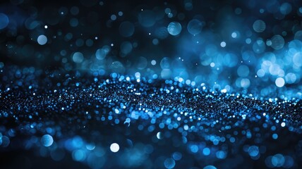 Abstract Wonderful picture of micro light sparkling particles scattered across blue flowing wave with space background, create bokeh effect perfect for energetic and fantasy wallpaper design. AIG53.