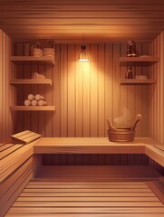 Aufkleber - Step into a traditional wooden sauna featuring warm lighting, benches, and shelves, inviting relaxation and tranquility. Generative AI