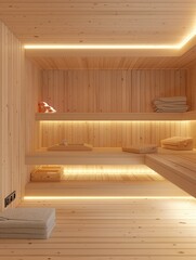 Aufkleber - A serene wooden sauna interior features soft lighting, neatly folded towels, and wooden benches, creating a tranquil ambiance for relaxation. Generative AI