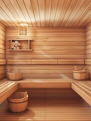 Aufkleber - The warm interior of a traditional sauna features wooden benches, buckets, and soft steam, creating a calming atmosphere for relaxation. Generative AI
