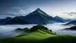 © tonpreecha - Mountain range bathed in soft morning light with clouds drifting below the peaks at dawn. Ultra-Realistic, Photo Realistic, highly detailed