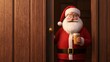 © Jantana - A slightly tipsy Santa holding a glass of eggnog, giving a sly grin as he stumbles through the door, gifts in hand