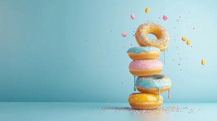 Vibrant donut tower with cascading glaze and an array of colorful sprinkles, whimsical 3D design showcasing indulgent delight