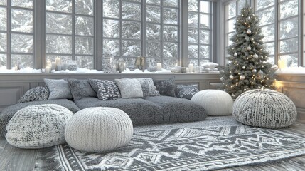 Scandinavian-inspired living room with a small tree and natural holiday decor, 3D illustration