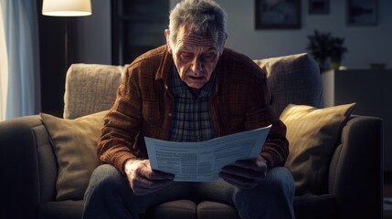 Hyperrealistic photo of a distressed elderly man reviewing paperwork while sitting on his sofa. The bright lighting adds a polished, high-end magazine look to the photograph, which is captured in