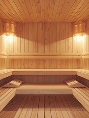 Aufkleber - A tranquil wooden sauna features spacious seating areas and soft lighting, creating a serene atmosphere for relaxation and rejuvenation. Generative AI