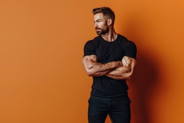 Wall Mural - fit man with a muscular build confidently standing against a solid color backdrop, blending professi