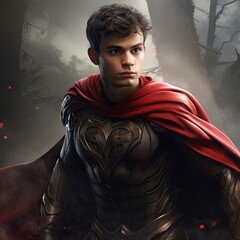 Confident young male superhero in red cape and black armor posing heroically