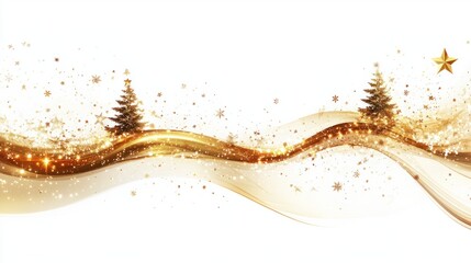 Wall Mural - golden abstract christmas background with swirling lights and festive stars, isolated on white