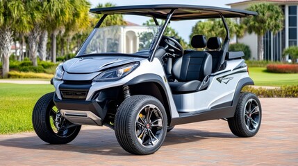 Golf cart on golf course at country club tourist resort. Healthy people golfer enjoy outdoor lifestyle leisure activity travel nature and play golf sport on summer holiday vacation.