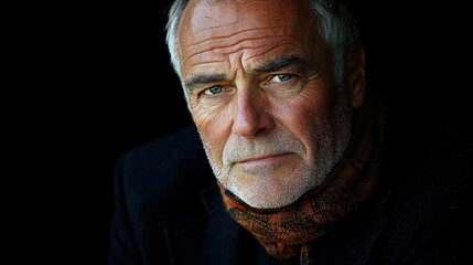 Contemplative older man with grey hair in dark setting