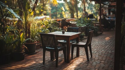 Cozy Outdoor Dining Table Surrounded by Lush Greenery