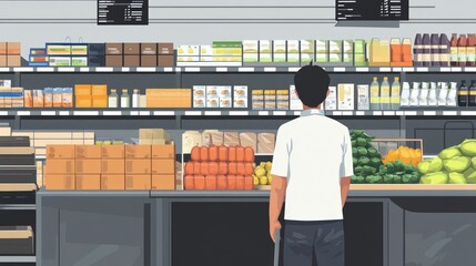 Back view of a staff member checking merchandise in a supermarket