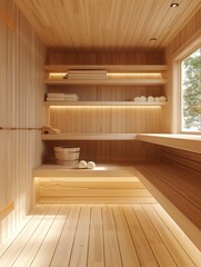 Poster - A tranquil wooden sauna interior featuring warm lighting, wooden benches, and neatly arranged towels invites relaxation and wellness. Generative AI