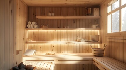 Aufkleber - The traditional wooden sauna features warm wooden panels and shelves, bathed in natural light, creating a peaceful atmosphere for relaxation. Generative AI