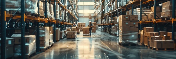 Poster - A group of workers moves pallets and boxes around in a bustling warehouse filled with shelves of various products and goods. Generative AI