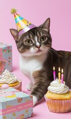 A cute cat wearing a birthday hat looks at a cupcake with candles on a pink background.