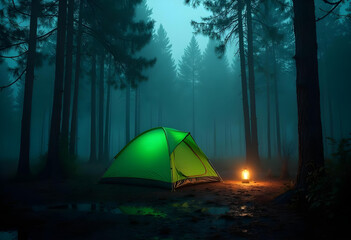 vibrant green tent stands in misty forest, surrounded by tall trees and serene atmosphere. lantern casts warm glow, enhancing tranquil and mysterious setting