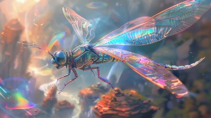 Wall Mural - A Close-Up of a Multicolored Dragonfly with Iridescent Wings