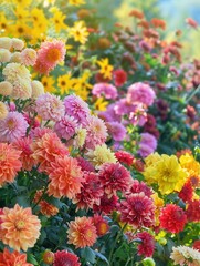 Aufkleber - Colorful autumn flowers such as chrysanthemums and dahlias flourish in a beautiful garden, creating a lively and inviting atmosphere. Generative AI