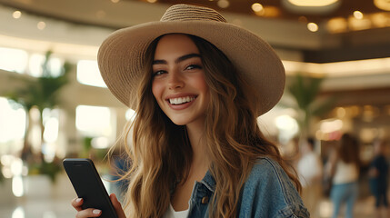 Wall Mural - Young woman smiling with a smartphone in a modern mall