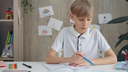 Young boy studying at the desk at home or school class room