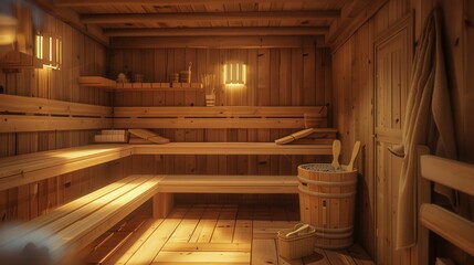 Aufkleber - The warm wooden interior of a traditional sauna invites relaxation, featuring benches and soft lighting that enhance tranquility. Generative AI