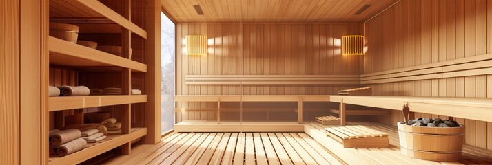 Poster - Relax in a beautifully crafted traditional wooden sauna featuring natural wood, soft lighting, and arranged towels for comfort. Generative AI