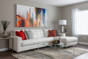 Modern living room with soft taupe walls, a spacious modular white sofa, glass side tables, and pops of color through abstract artwork for a stylish touch.