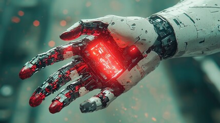 Futuristic robotic hand holding a glowing red element in focus