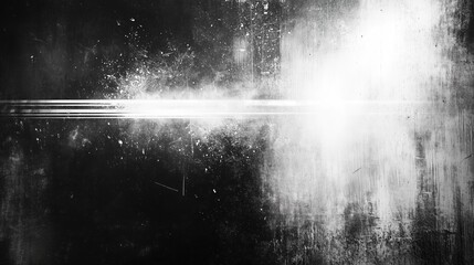 Poster -  Abstract grunge texture background featuring white light effects on a dark black wall, with paint smudges and a rough, grainy paper surface. Dark metal plate design gives an industrial touch, blendin