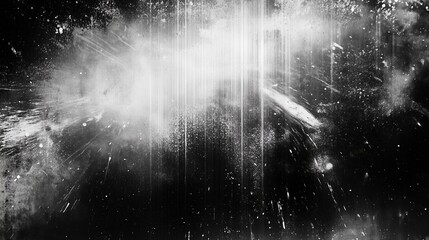 Poster -  Abstract grunge texture background featuring white light effects on a dark black wall, with paint smudges and a rough, grainy paper surface. Dark metal plate design gives an industrial touch, blendin