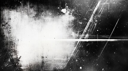 Poster -  Abstract grunge texture background featuring white light effects on a dark black wall, with paint smudges and a rough, grainy paper surface. Dark metal plate design gives an industrial touch, blendin