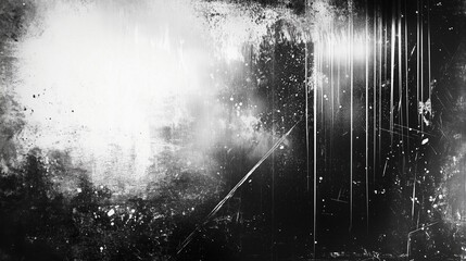 Poster -  Abstract grunge texture background featuring white light effects on a dark black wall, with paint smudges and a rough, grainy paper surface. Dark metal plate design gives an industrial touch, blendin
