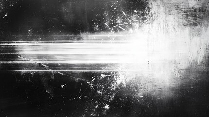 Poster -  Abstract grunge texture background featuring white light effects on a dark black wall, with paint smudges and a rough, grainy paper surface. Dark metal plate design gives an industrial touch, blendin