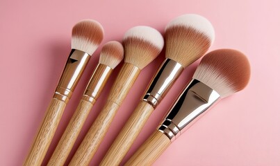 A set of five makeup brushes with wooden handles and white bristles are arranged in a row on a pink background.