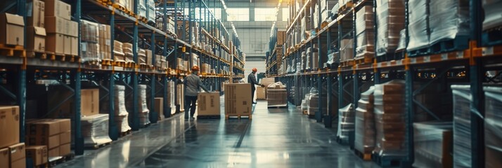 Poster - Workers are moving boxes and pallets around a bustling warehouse, organizing shelves packed with various products. Generative AI