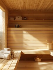 Aufkleber - Enjoy a peaceful moment in a traditional wooden sauna, featuring clean towels, soft lighting, and a calming wooden environment. Generative AI