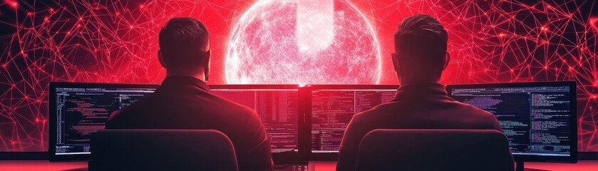 Two individuals analyze data on multiple monitors, illuminated by a pulsating red background, depicting a high-tech, digital universe.