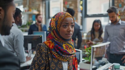 Wall Mural - A woman in a colorful headscarf looks intently at something off-camera. AI.